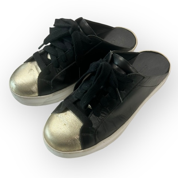 Black Leather Gold Toe Mules Sz 5.5 - Picture 3 of 10